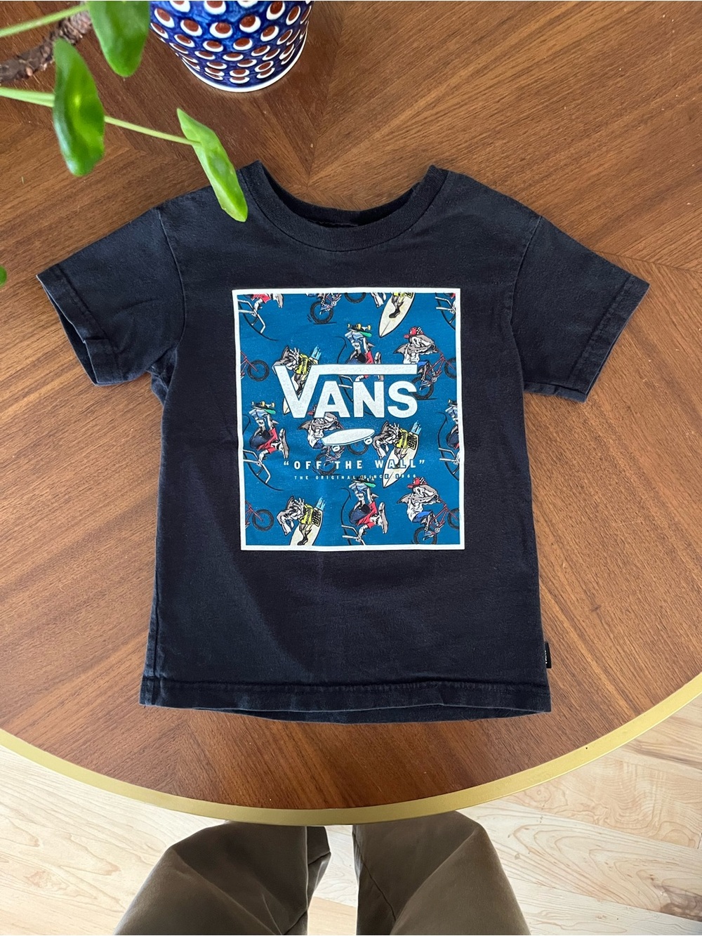 Vans Black Kids Tee with Blue Surf/Skate Graphic